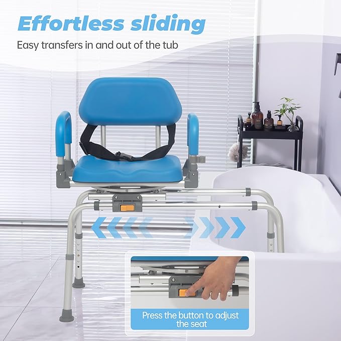 FSA/HSA Eligible Sliding Shower Chair Tub Transfer Bench with Swivel Seat, Rotating Bathtub Bench with Padded Seat and No-Slip Suction Cups for Elderly and Disabled