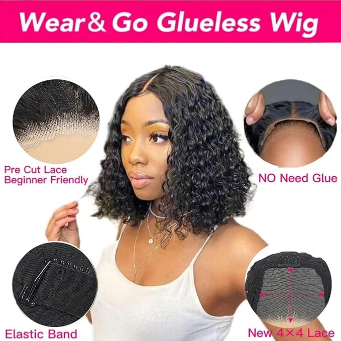 Curly Bob Wig Human Hair Glueless Wigs Human Hair Pre Plucked Pre Cut 4x4 HD Lace Closure Wear and Go Glueless Wigs Human Hair 150% Density Short Curly Bob Wigs for Black Women 10 Inch