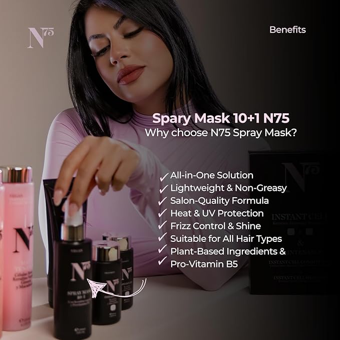 N75 10+1 Spray Mask 5.1 fl oz – Leave-in Hair Treatment with Pro-Vitamin B5 – Vegan Heat Protectant & UV Shield – Hydrating Spray for Color-Treated, Curly, Frizz-Prone or Damaged Hair