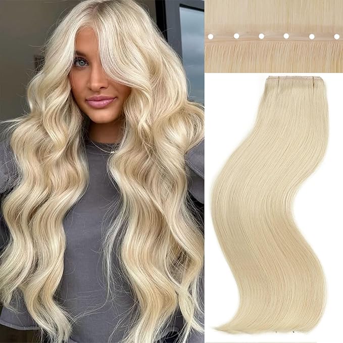 Twin Tab Butterfly Genius Weft Human Hair Extensions Latest Double Invisible Real 100% Remy Human Hair Weft with Micro Bead Simulated Scalp Hair Extensions 100g 7ps 18 Inch White Blonde