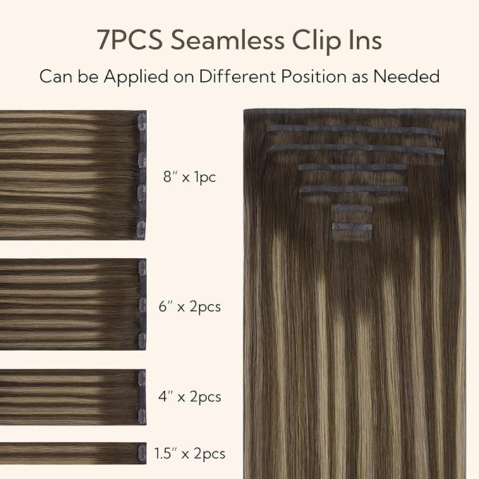 HOTBANANA Seamless Clip in Hair Extensions, 20 Inch 110g 7pcs Chocolate Brown with Honey Blonde Invisible PU Skin Weft Straight Remy Human Hair Extensions