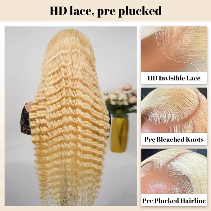613 Lace Front Wig Human Hair 22 Inch 13x6 Blonde Wig Human Hair 613 Deep Wave HD Lace Frontal Wig 200% Density Long Blonde Curly Wig Water Wave 613 Wig Pre Plucked With Baby Hair for Women