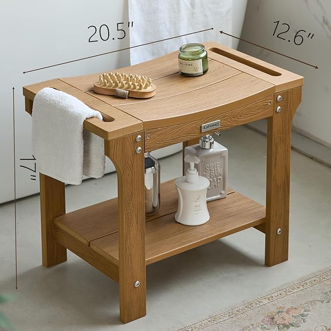 20.5 HDPS Shower Bench Seat, Waterproof Shower Stool for Shaving Legs, Heavy Duty Plastic Bath Spa Chair Seat with Storage Shelf, No Maintenance, Brown, Weight Capacity 500LBS