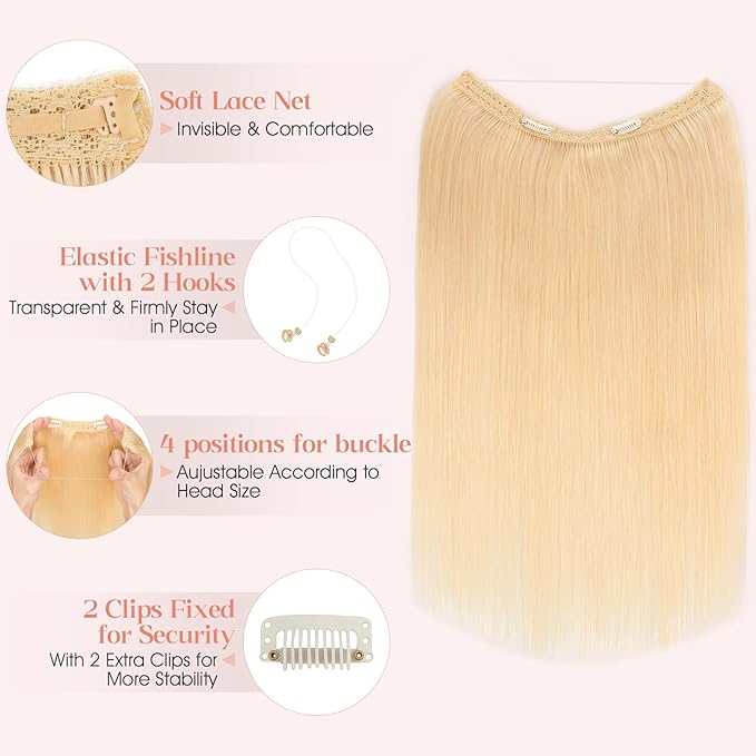 Hairro Wire Hair Extensions Human Hair, Fish Line Invisible Adjustable & Clips in Extensions Straight, 100% Real Hairpieces Seamless Blending for Women, 22 Inch 100g Bleach Blonde