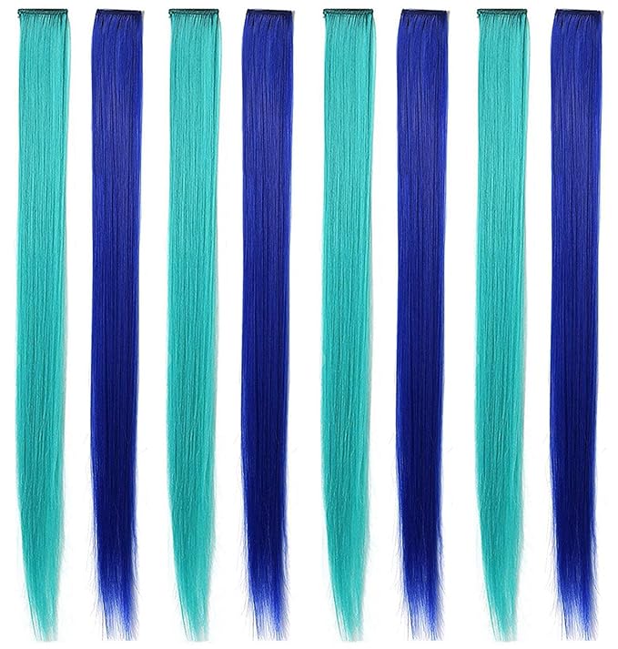 8 PCS Blue Teal Hair Accessories Clip in Colored Hair Extensions for Girls Colorful Hair Pieces Party Highlights Heat Resistant Synthetic Mutilcolors Straight Wig Pieces (Blue Teal)
