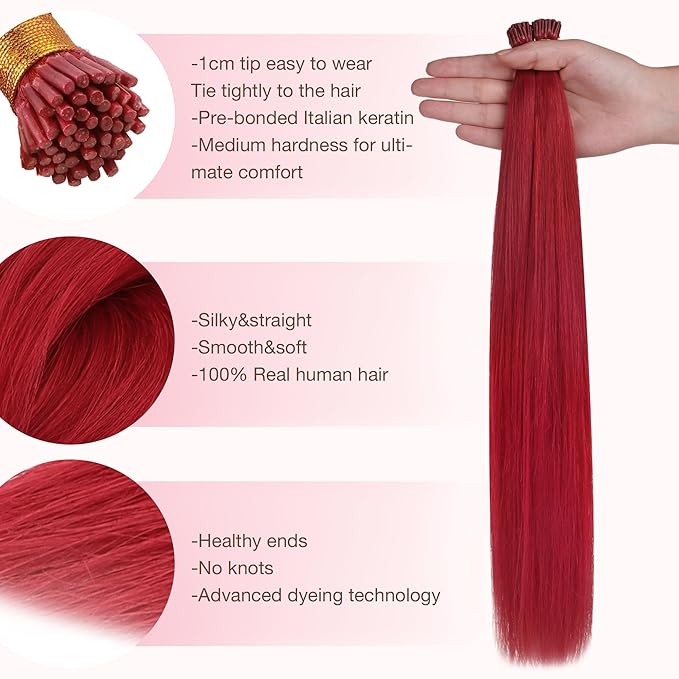 GOO GOO Colored I Tip Hair Extensions, Real Human Hair, 22inch 50g 50S, Cold Fusion, Invisible Remy, Red