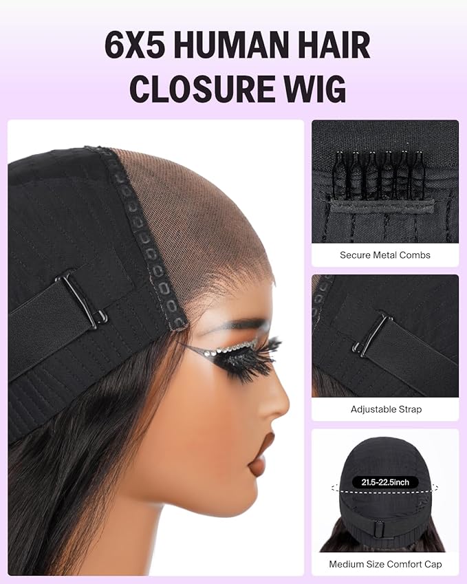 Wear And Go Glueless Wigs Human Hair Pre Plucked Pre Cut 220% Density 6X5 HD Lace Closure Wigs Human Hair Ready To Wear Body Wave Lace Front Wig With Baby Hair For Black Women (22 Inch)