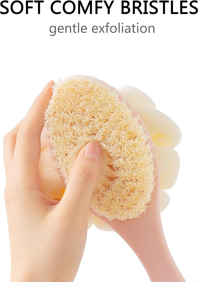 Shower Body Brush with Bristles and Large Pumpkin Loofah,Back Scrubber Bath Mesh Sponge with Anti-Slip Curved Long Handle for Skin Exfoliating,Massage Bristles for Wet or Dry,Men Women (Pink)