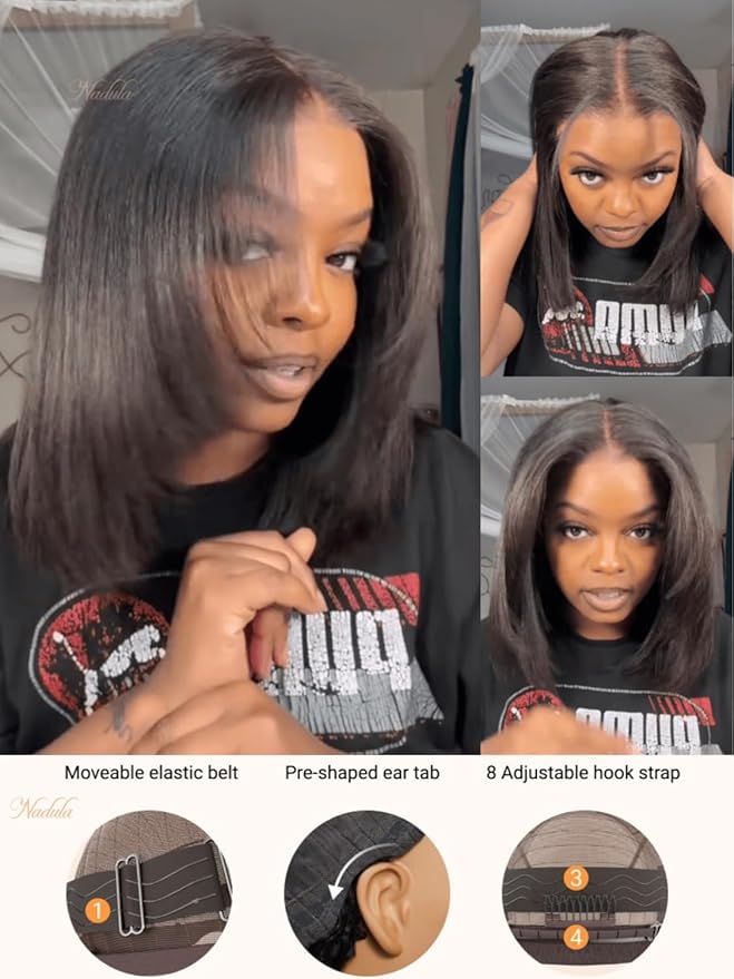 Nadula Bye Bye Knots Yaki Straight Bob Glueless Wig Pre Cut/Plucked/Bleached 7x5 Lace Front Wigs Human Hair Invisible Knots Pre Everything 3S Ready to Go Short Yaki Bob Wigs 150% Density 14inch