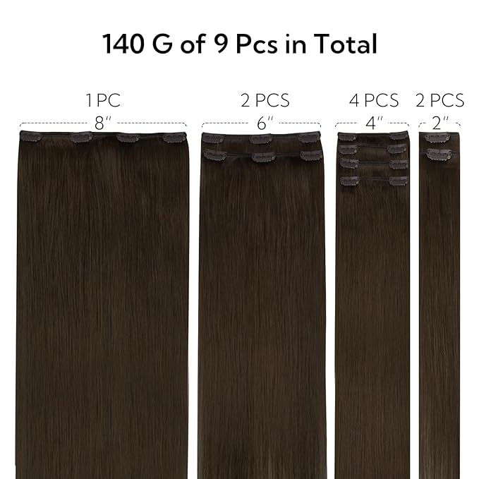 HOTBANANA Clip in Hair Extensions Real Human Hair, 150g 9pcs 20 inch Light Dark Brown Straight Remy Clip in Extensions Full Head for Women