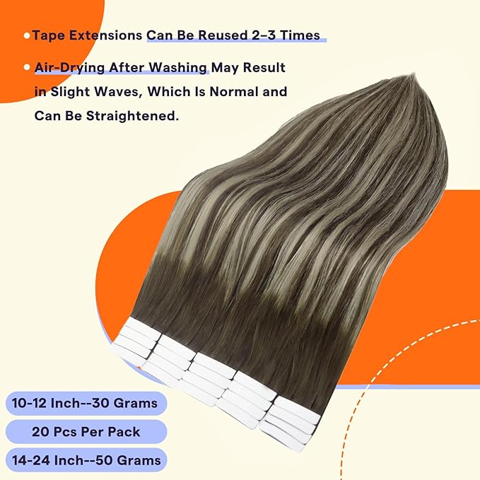 Full Shine Tape in Extensions Color 2 Fading to 60 Blonde Highlight 2 Darkest Brown Balayage 12 Inch Invisible Short Hair Extensions Tape in 30G Tape Ins Human Hair Extensions 20Pcs for Party