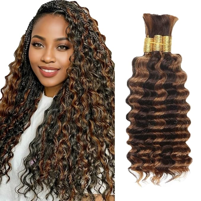 P430 Highlight Brown Human Braiding Hair Deep Wave Bulk 12 12 12 Inch 150g/3 Bundles Light Dark Brown Deep Wave Braids Human Hair Extensions