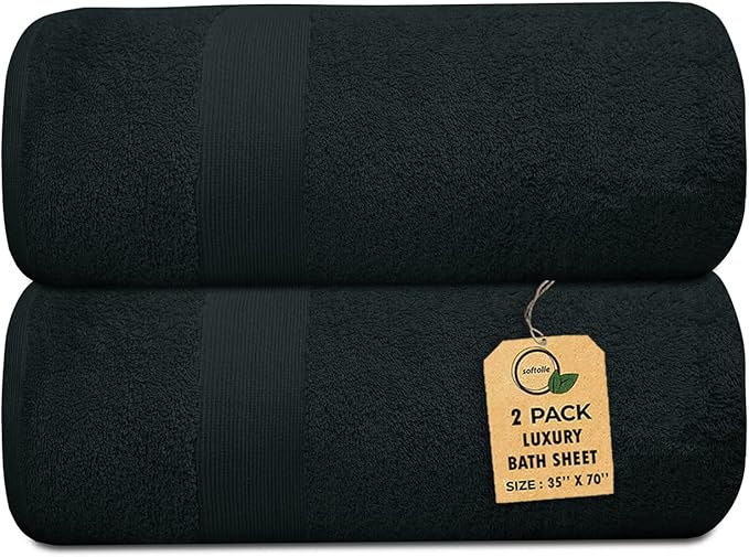 Softolle 100% Cotton Luxury Bath Sheets - Pack of 2 (35" x 70") | Super Soft, Quick-Dry & Highly Absorbent Towels for Bathroom, Home, Spa & Gym (Black)