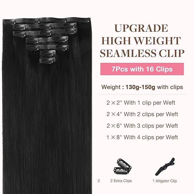 GOO GOO Clip in Hair Extensions Real Human Hair, Remy Human Hair Extensions Clip ins for Women, Natural Human Hair, 22inch 160g 7Pcs, #1B Natural Black