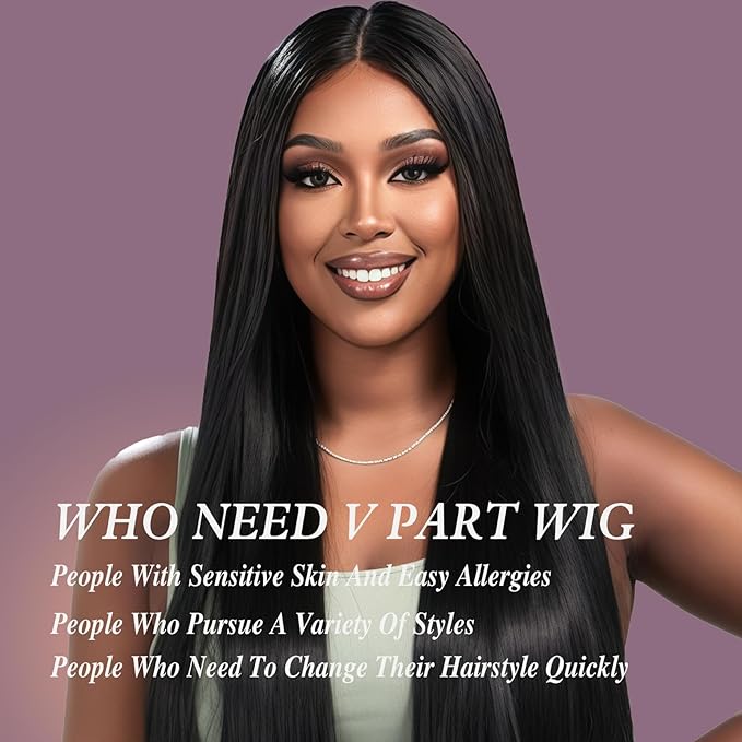 V Part Wig Human Hair Straight Human Hair Wigs Upgrade U Part Human Hair Wig for Women No Leave Out No Sew In 200% Density Natural Color 18 Inch