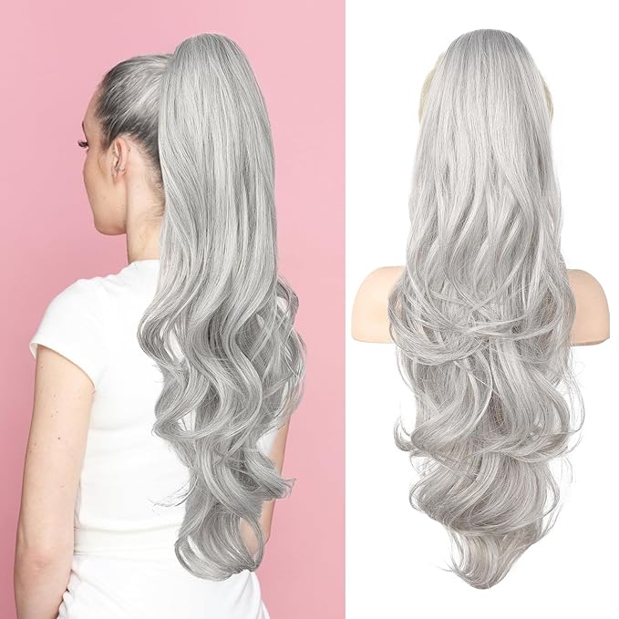 Flufymooz 26" Ponytail Extension, Long Wavy Curly Claw Clip in Ponytail Hair Extensions, Natural Synthetic Hairpiece for Women Daily Wear(Silver Gray)
