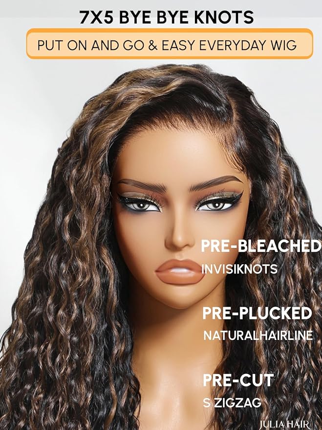 Julia Hair Golden Brown Highlight Deep Water Wave 7x5 Bye Bye Knots HD Lace Closure Glueless Wigs Human Hair Pre Plucked Pre Cut Natural Hairline Ready to Go for Beginners 24 Inch