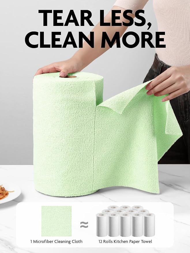 Fantasticlean Microfiber Cleaning Cloth Roll -75 Pack, Tear Away Microfiber Towels, 12" x 12", Reusable, Washable, Scratch Free, Ultra Absorbent Dish Rags for Car, Home, Garage or Shop (Green)