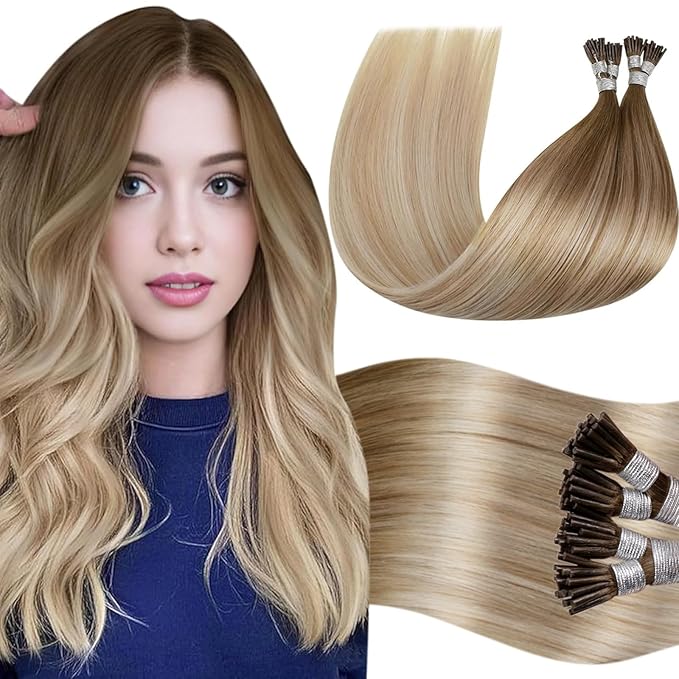 LaaVoo I Tips Hair Extensions Real Human Hair Balayage Brown to Ash Blonde with Platinum Blonde I Tip Hair Extensions 16in 50g 60s