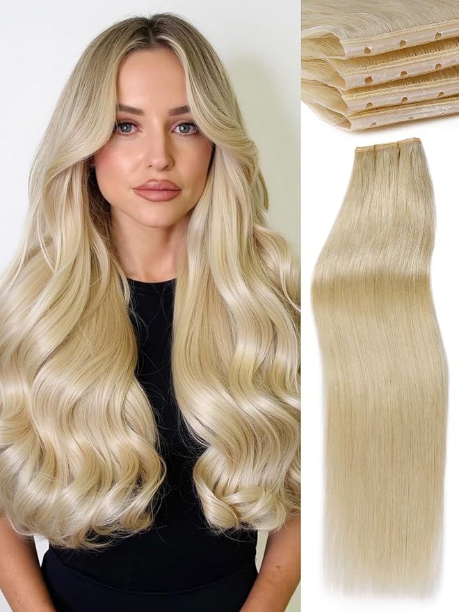 WIGNEE 20 Inch OVO Blonde 613 Human Hair Extensions 2 PCS | Warm Golden Undertones, No Glue Double Layer PU Base | Trimmable & Reusable Hair Wefts for Short/Thin Hair | Salon Quality