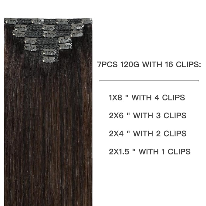 Clip in Hair Extensions Ombre Remy Hair Extensions Clip in Human Hair Dark Brown to Chestnut Brown Double Weft Balayage Real Human Hair Full Head Silky Straight 20 Inch 7pcs 120g