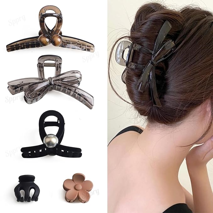 Classic Assorted Hair Claw Clips for Women Thick/Thin Hair, Set of 5, Brown & Black (02)