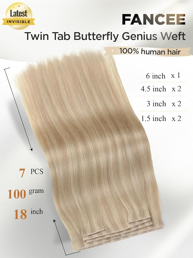 Twin Tab Butterfly Genius Weft Human Hair Extensions Simulated Scalp Latest Double Invisible Real 100% Remy Human Hair Weft with Micro Bead 100g 7ps 18 Inch Strawberry Highlight Blonde
