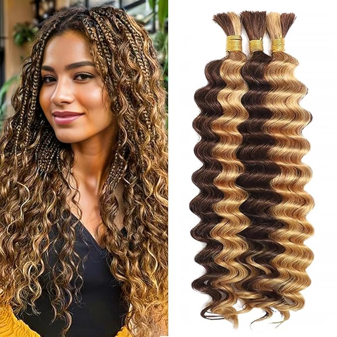 Human Braiding Hair for Boho Braids 26 inch Highlight Brown Deep Wave Bulk Human Hair for Braiding Knotless Deep Wave Boho Braids 3 Bundles