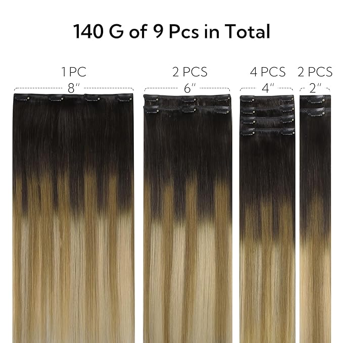 HOTBANANA Clip in Hair Extensions Real Human Hair, 150g 9pcs 20 inch Balayage Ombre Brown to Dirty Blonde Straight Remy Clip in Extensions Full Head for Women