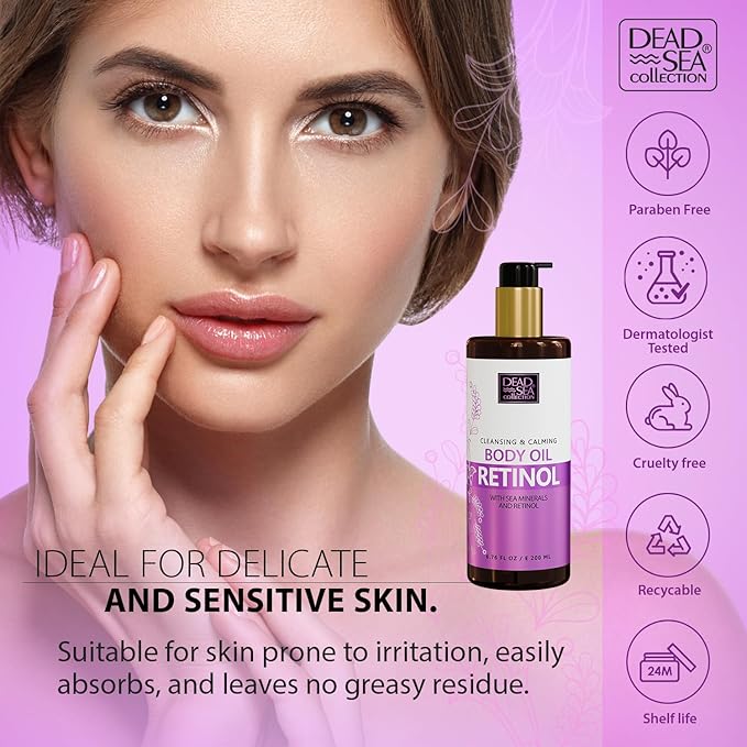 Dead Sea Collection Retinol Body Oil for Dry Skin – Moisturizing & Hydrating Skin Oil with Vitamin E & Blend of Almond, Grape, Olive, Wheat Germ Oil – Nourishing Skincare – 6.76 oz