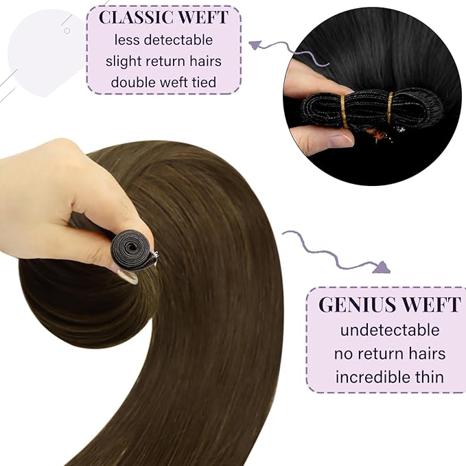 Fshine Human Hair Genius Weft Hair Extensions for Women 22 Inch 60g Light Brown Hair Extensions Sew in Brown Hair Bundle One PieceBundle Natural Weave