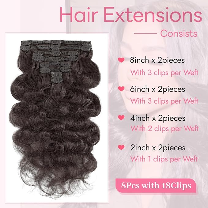 Clip in Hair Extensions Real Human Hair Body Wave 2 Dark Brown Clip in 100% Brazilian Remy Human Hair Extensions 8pcs Per Set with 18 Clips Double Weft 18 Inch 100g/3.6oz