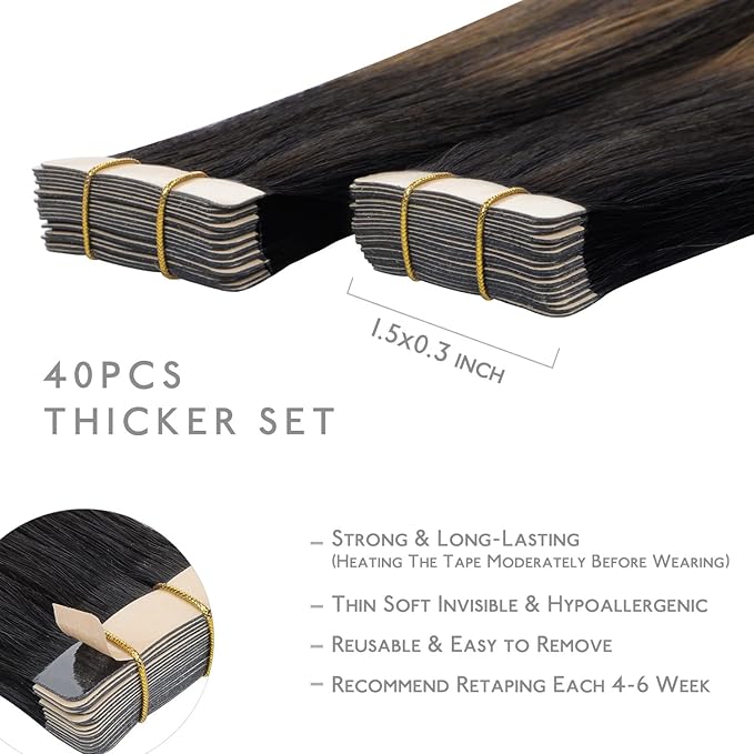 WENNALIFE Tape in Hair Extensions Human Hair, 40pcs 100g 20 inch Balayage Natural Black to Chestnut Brown Hair Extensions Real Human Hair Straight Tape in Extensions Invisible Human Hair Extensions