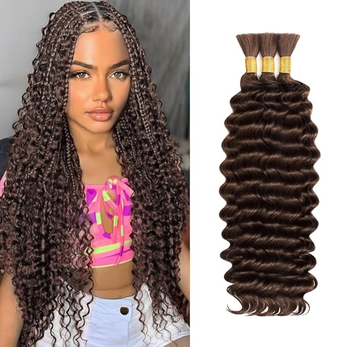 Boho Hair for Braiding Deep Wave Bulk Human Hair for Braiding 24 24 24 Inch No Weft Brown Deep Wave Bulk Bohemian 3 Bundles 150g
