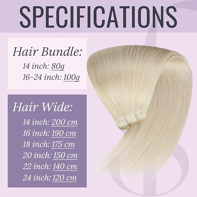 Fshine Blonde Weft Hair Extensions Human Hair 20 Inch 100 Gram White Blonde Sew in Hair Extension Double Weft Straight Real Human Hair Bundle for Women