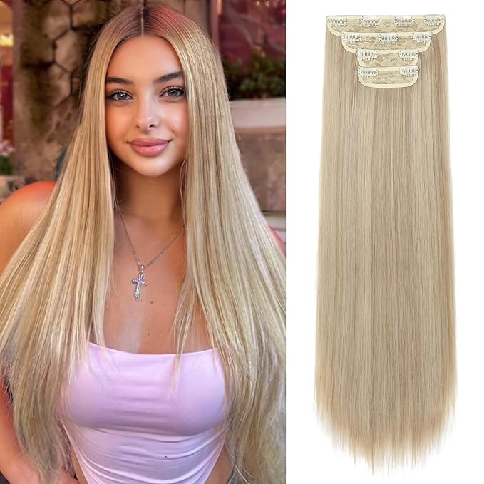 REECHO Hair Extensions, 24" Straight Long Thick 4 PCS Set Thick Clip in on Hair Extensions -Dark Ash Blonde
