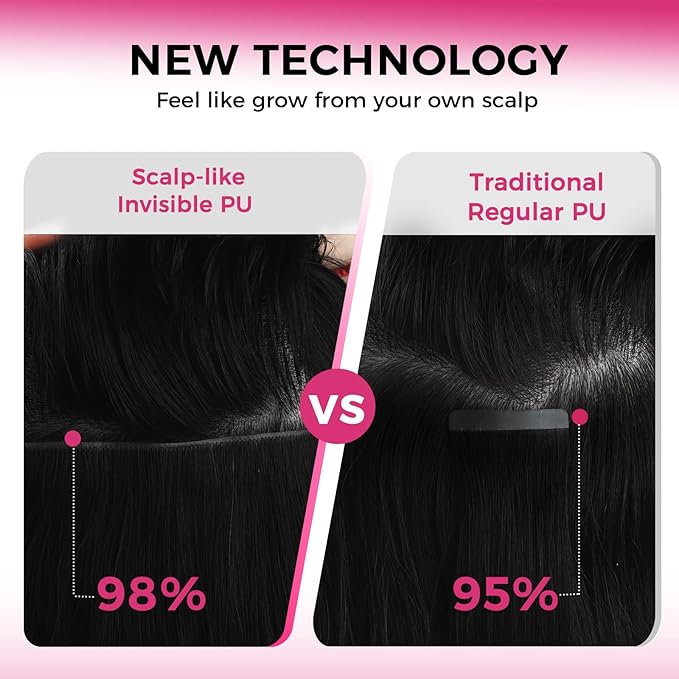 Lashey Invisi Edge Clip in Hair Extensions 16 Inch 110g 7pcs Injected Seamless PU Clip in Hair Extensions Virgin Human Hair, #1 Jet Black Straight Hair