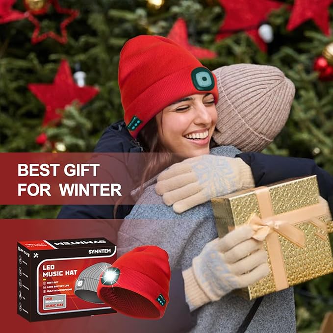 Gifts for Men, Rechargeable Bluetooth Music Unisex Beanie Hat with Light, Stocking Stuffers for Women, Birthday Gifts for Men, for Him, Red