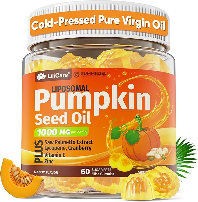 Pumpkin Seed Oil Gummies 1000mg with Saw Palmetto, Cranberry, Lycopene, Vitamin E, Zinc, Cold Pressed, Pure Virgin Pumpkin Seed Oil for Hair Growth, Skin, Urinary, Bladder & Prostate Health, 60 Count