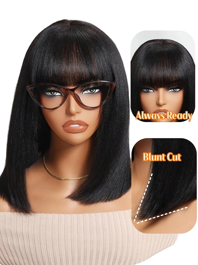 Julia Hair 12 Inch Light Yaki Straight Bob Wig with Bangs Human Hair Glueless 2x4 HD Lace Realistic Short Black Ready to Wear Blunt Cut Bob Wigs Natural for Black Women Beginner Friendly