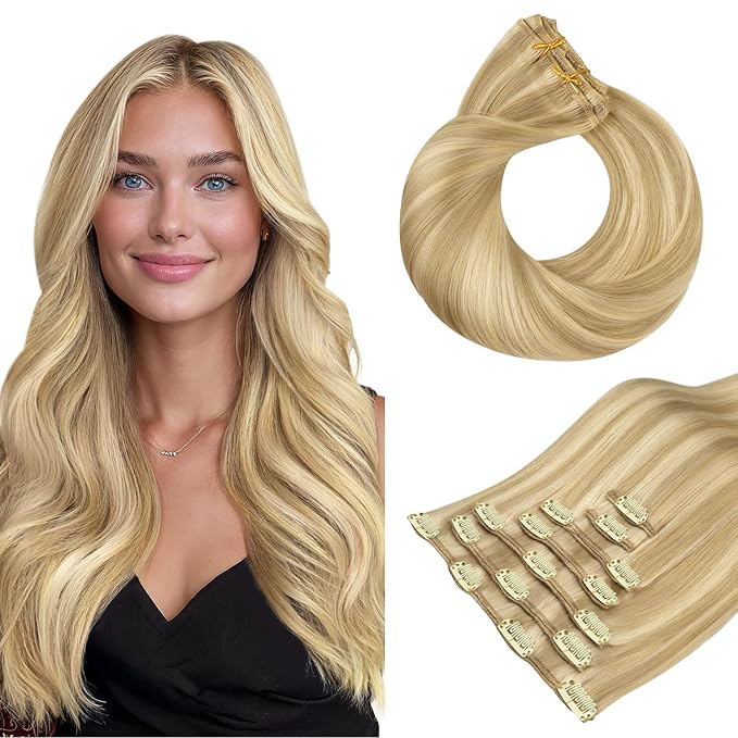 HOTBANANA Clip in Human Hair Extensions, Drity Blonde Highlight Golden Blonde 120g 22 Inch 7pcs, Clip in Hair Extensions Remy Human Natural Straight
