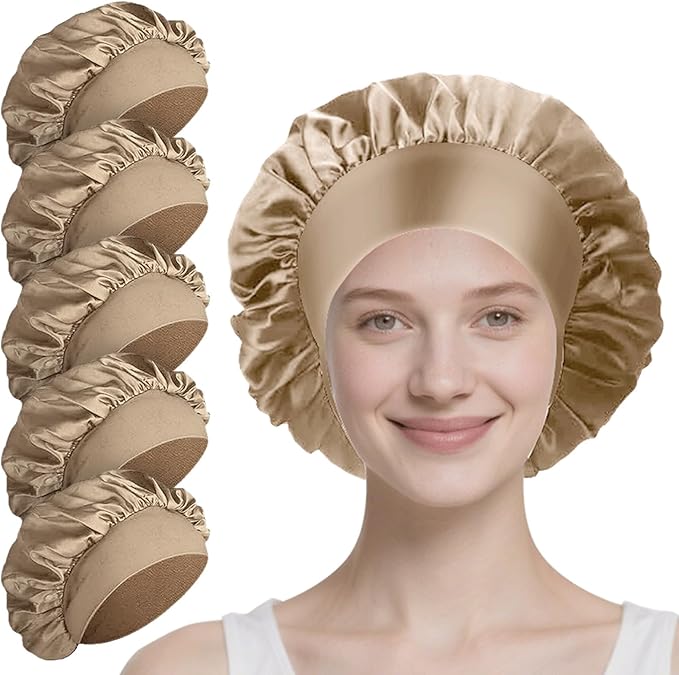 5 Pack Satin Bonnet for Women, 30cm Adjustable No-Slip Sleep Cap for Curly Hair, Breathable Head Wrap for Sleeping & Skincare