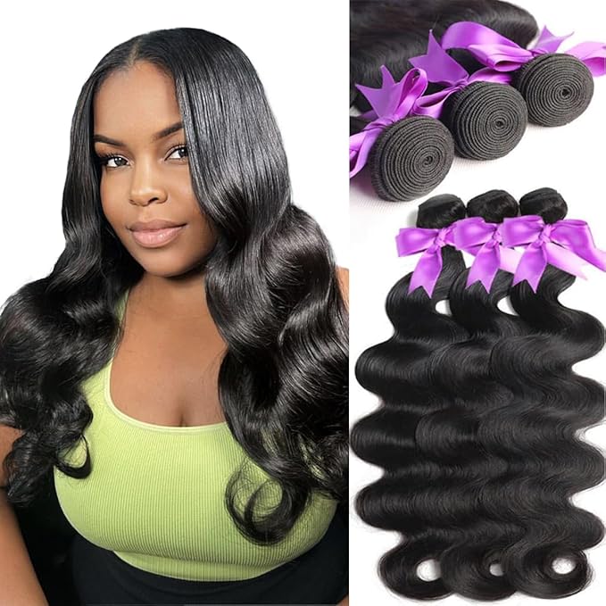 20 22 24 Inch Real Human Hair Bundles Body Wave 3 Bundles Unprocessed Natural Black Remy Body Wave Brazilian Virgin Cambodian Hair Wavy, 1b, No Tangle No Shedding, True to Length