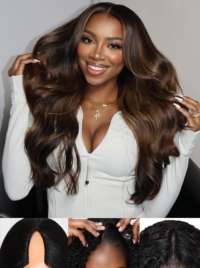 Sunber EasiContour V Part Human Hair Glueless Ombre Chestnut Brown Body Wave Wig Upgrade Vpart Wigs 180% Density No Leave Out No Gel V Shape Clip No Sew in Beginner Friendly Put On and Go 14Inch