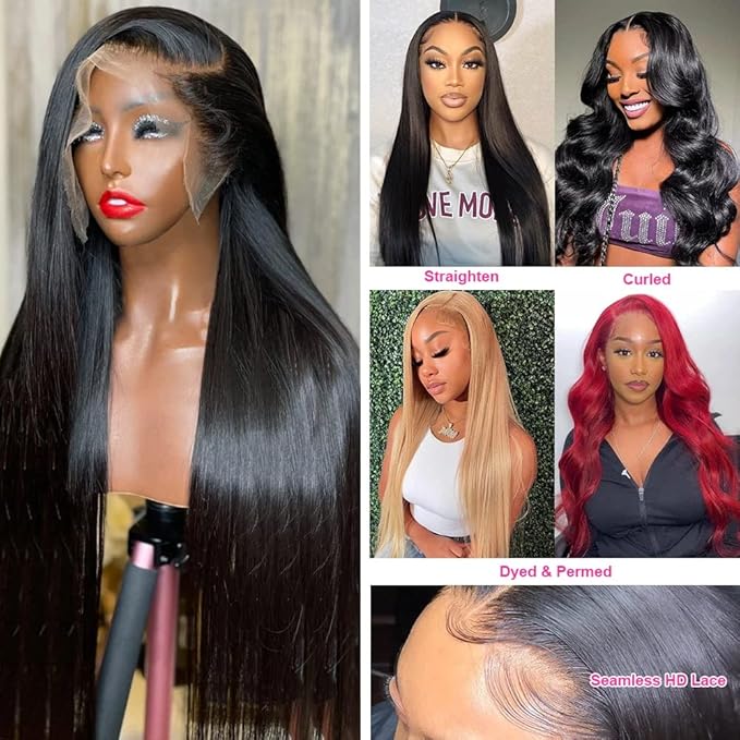 13x6 Lace Front Wigs Human Hair Pre Plucked with Baby Hair 180% Density Straight HD Transparent Lace Frontal Glueless Wigs for Black Women Human Hair Bleached Knots No Shedding Full And Thick 24 Inch