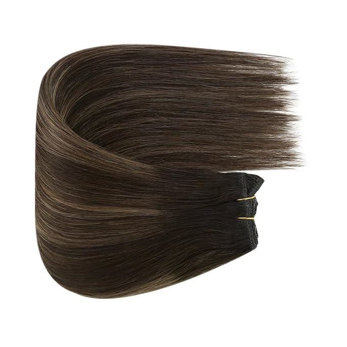 Fshine Weft Hair Extensions Human Hair 20 Inch Balayage Dark Brown to Light Brown Mixed Dark Brown Hand Tied Weft Hair Extensions Full Head Straight Real Hair Bundle Sew in hair Extensions 100g