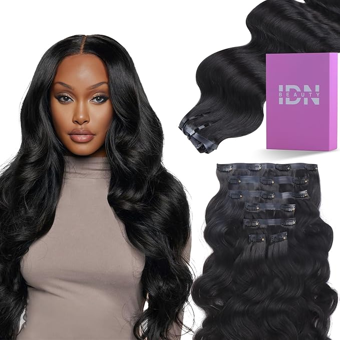 IDN BEAUTY Seamless Clip In Hair Extensions Human Hair, 100g 14 Inch Natural Black Real Virgin Human Hair Body Wave Seamless Clip Ins For Black Women PU Weft Invisible Edge 7pcs Thick Enhancement