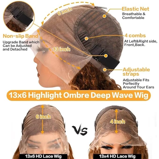 Highlight Ombre Lace Front Wigs Human Hair Honey Blonde Deep Wave 13x6 HD Transparent Lace Frontal Wigs Human Hair P4/27 Colored Curly Wig for Women 180% Density Glueless Pre Plucked 22 Inch Wig