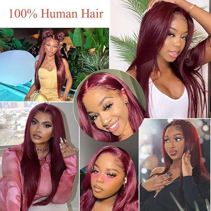 99j Burgundy Lace Front Wigs Human Hair 13x6.5 HD Burgundy Colored Lace Front Wigs Human Hair 250% Density Glueless Straight Wigs Human Hair Pre Plucked with Baby Hair (24 inch, 99j)