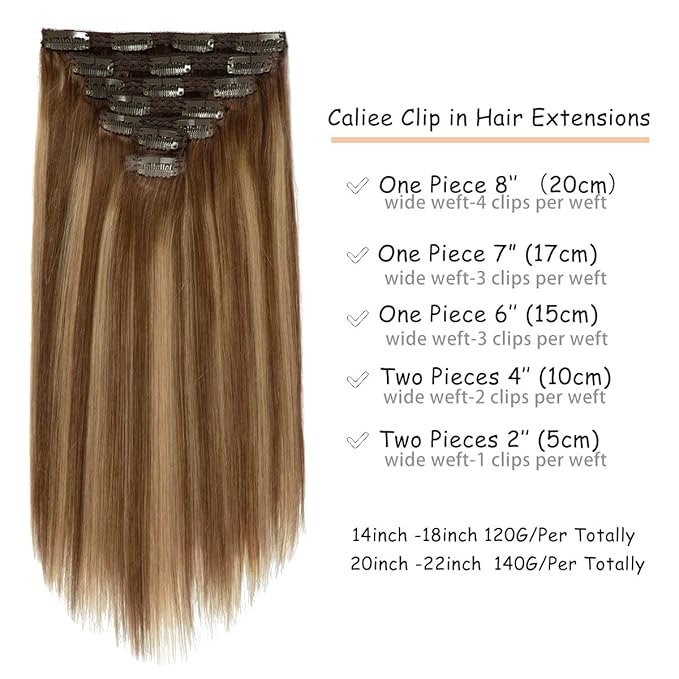 Caliee Real Hair Extension Clip in Human Hair Extensions for Full Head R4-4/27 Balayage Natural Straight Hair Extensions for Women 16inch 120g 7Pcs
